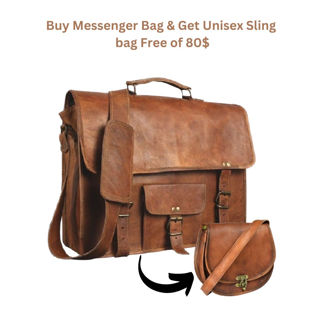 Leather Messenger Bag + Free Leather Unisex Sling Bag