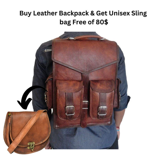 Vintage Leather Backpack Messenger Bag + Free Unisex Sling Bag