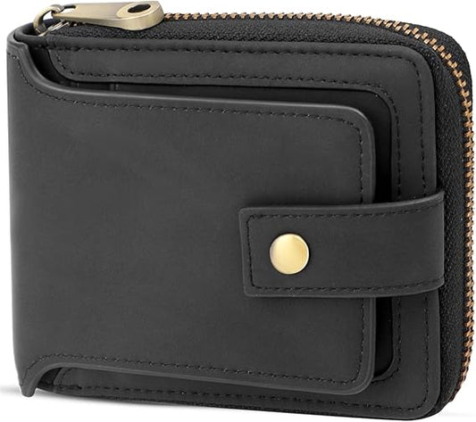 Men’s Classic Leather Bifold Wallet with Zipper and Built-In Card Organizer