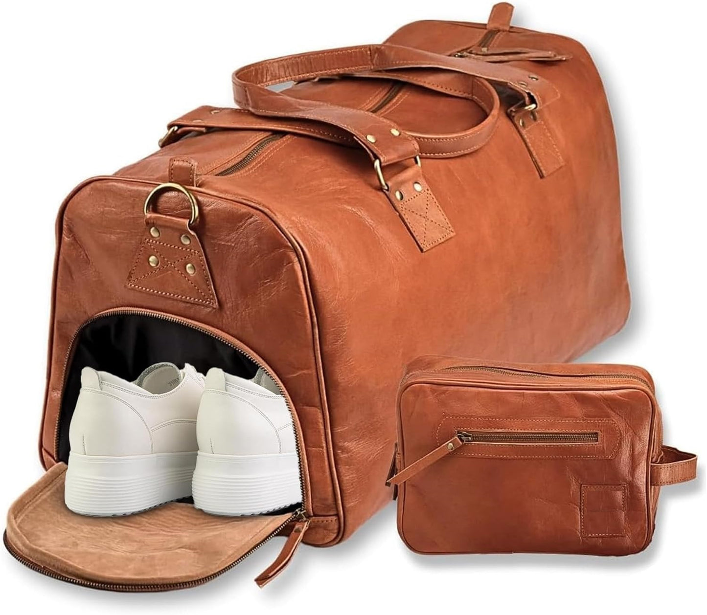 Premium Leather Weekender Duffle for Men – Travel Bag + Free Toiletry Pouch