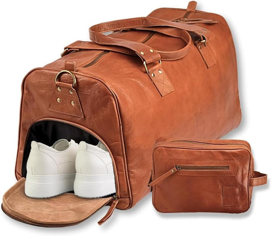 Premium Leather Weekender Duffle for Men – Travel Bag + Free Toiletry Pouch