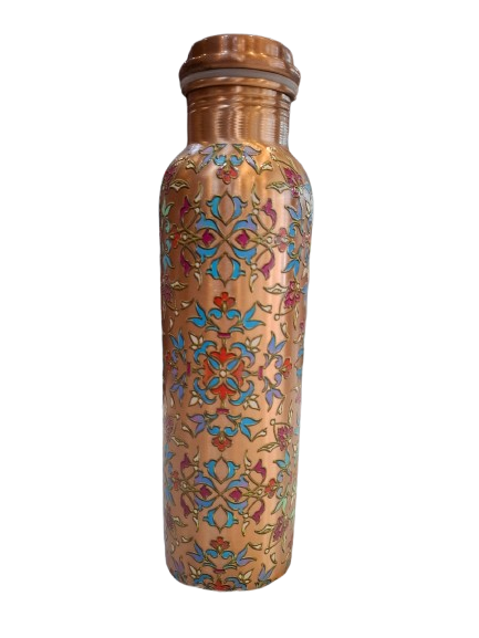 Pure Copper Meena Print Water Bottle with Lacquer Coating & Leak-Proof Design