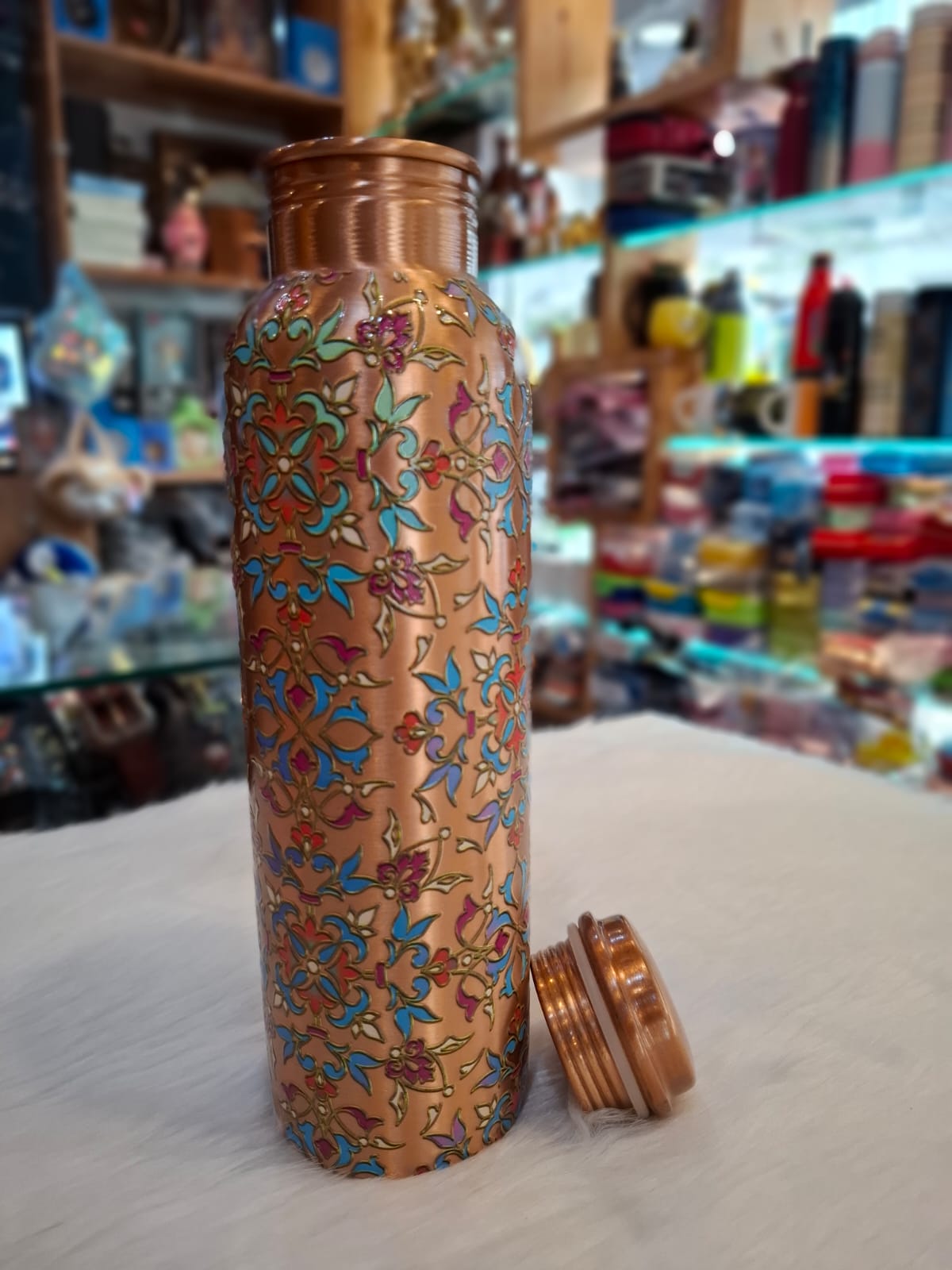 Pure Copper Meena Print Water Bottle with Lacquer Coating & Leak-Proof Design