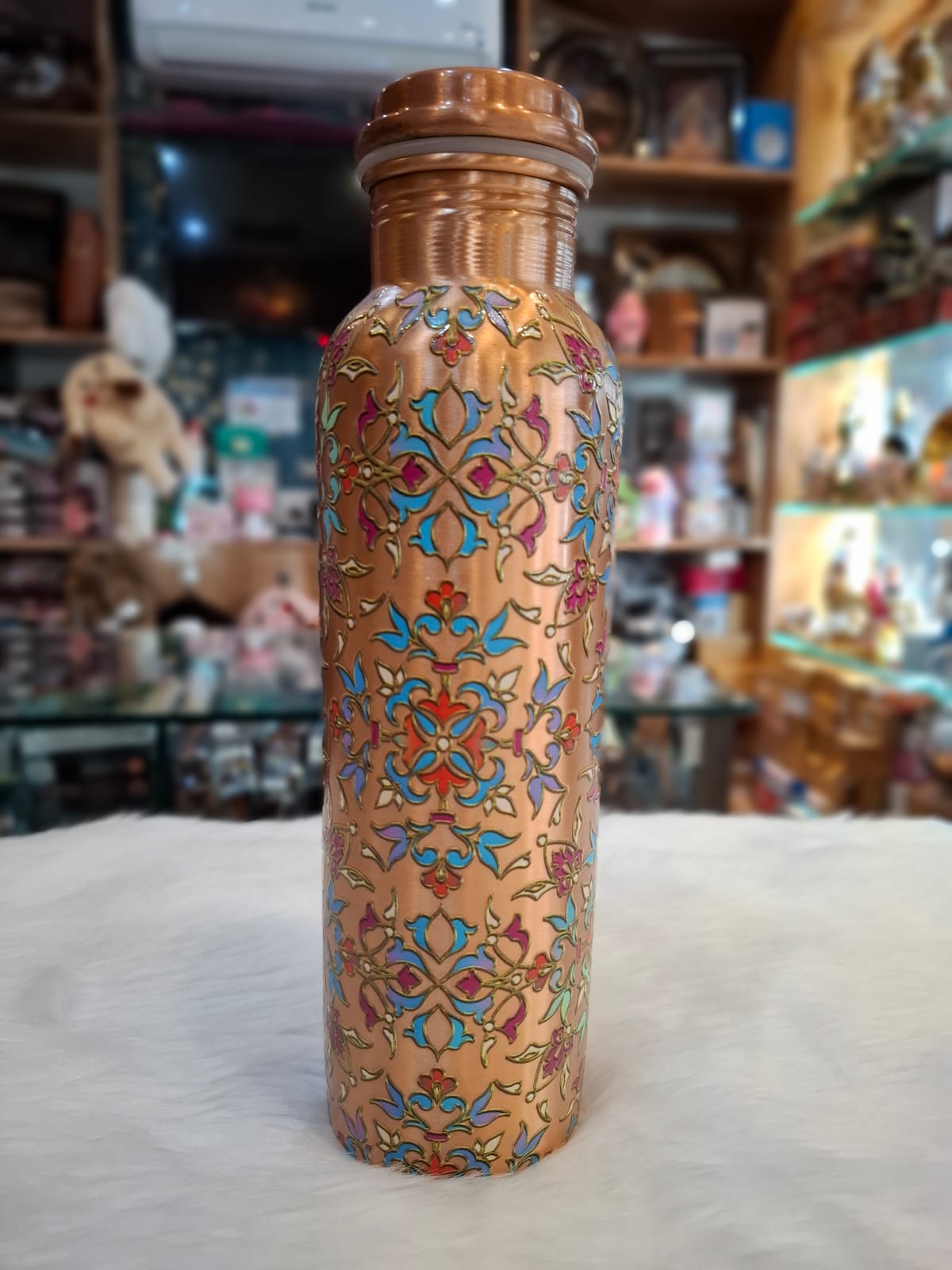 Pure Copper Meena Print Water Bottle with Lacquer Coating & Leak-Proof Design