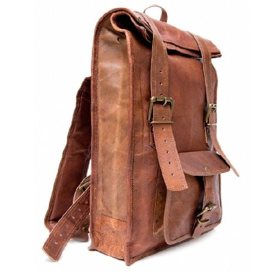 Vintage-Style Leather Rolling Travel Backpack