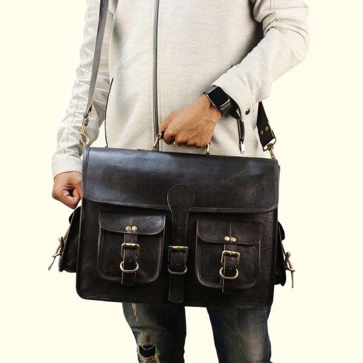 Black Full Grain Leather Messenger Bag bolso negro